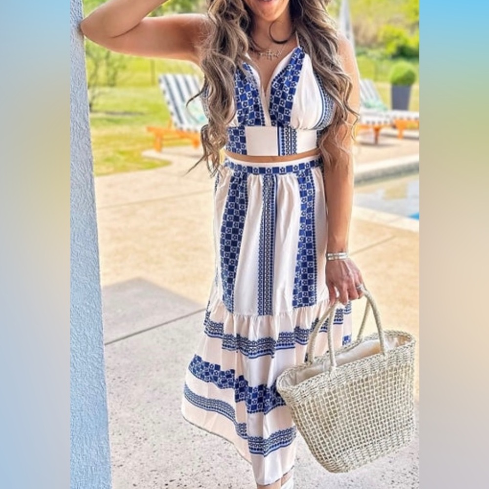 Blue/white stripe crop top and skirt set